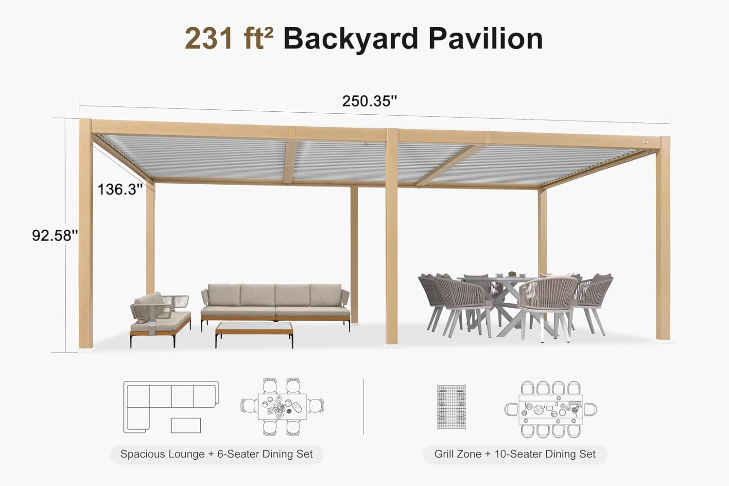 PURPLE LEAF Louvered Pergola 11' x 21' Outdoor Wood Grain Aluminum Pergolas with 36 Clear LED Lights Adjustable Roof Retractable Patio Rainproof Hardtop Gazebo for Deck Backyard Garden