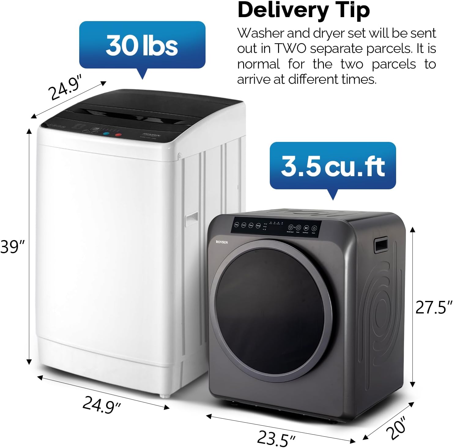 ROVSUN 30LBS Full Automatic Washing Machine and 3.5CuFt Portable Clothes Dryer Set, Electric Laundry Washer and Dryer Combo Set with Stainless Steel Inner Tub, for Apartment, Dorms, Home