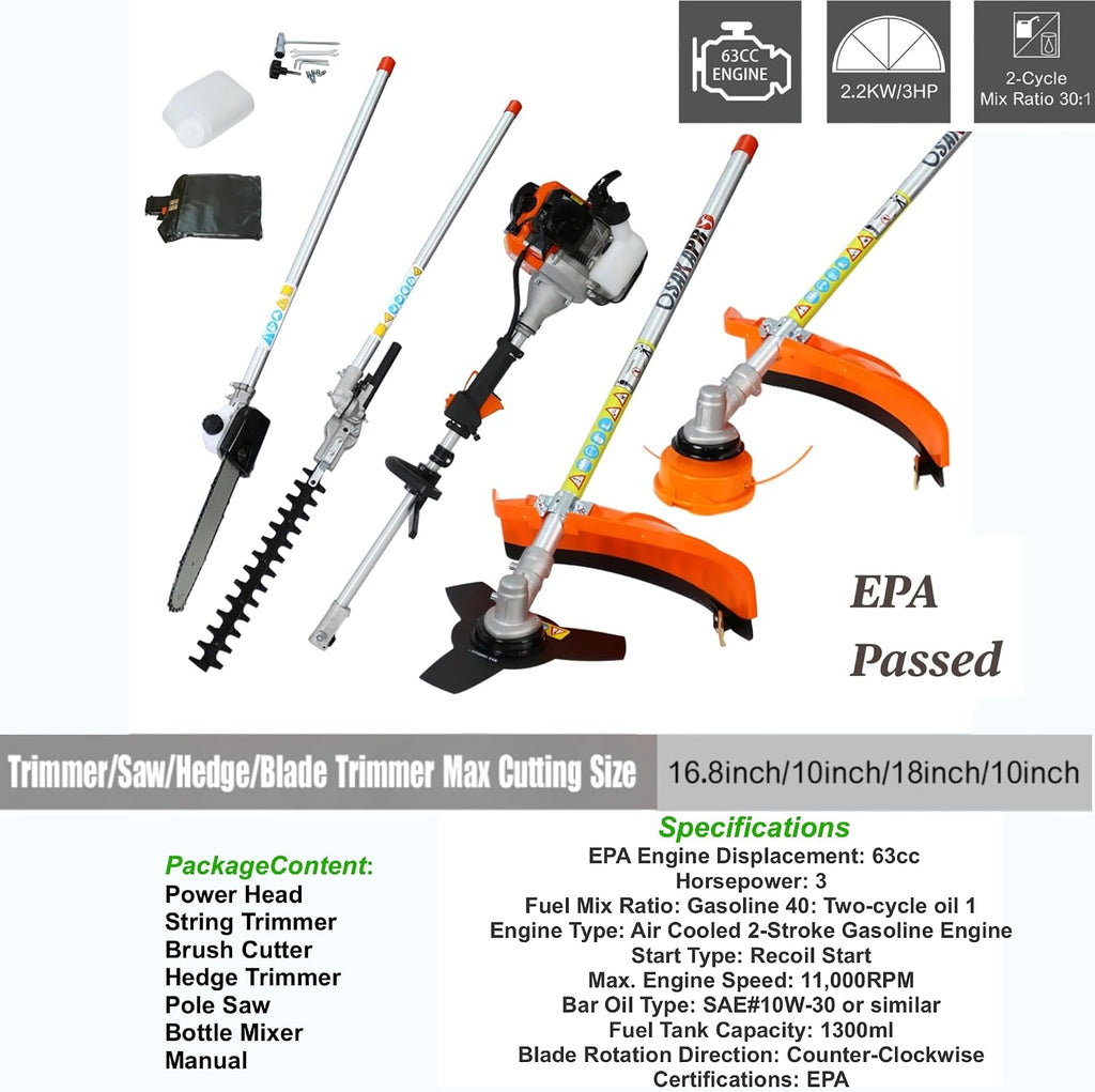 63cc 2-Cycle Gas Multi-Trimmer | 4-in-1 String Trimmer w/Rotatable Pole Saw, Weed Eater Weed Wacker, Brush Cutter & Hedge Trimmer Gas for Lawn, Yard, Garden Care, All-in-one Garden Tool