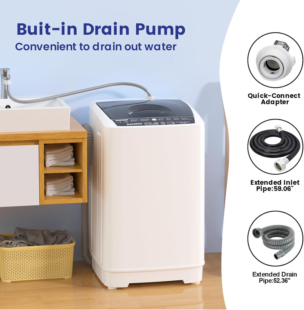 BANGSON 1.31cu.ft Portable Washing Machine, Full-Automatic washing Machine with 8 Programs 6 Water Levels, Drain Pump and LED Display, Compact Washer for Apartments, RVs, Homes, White