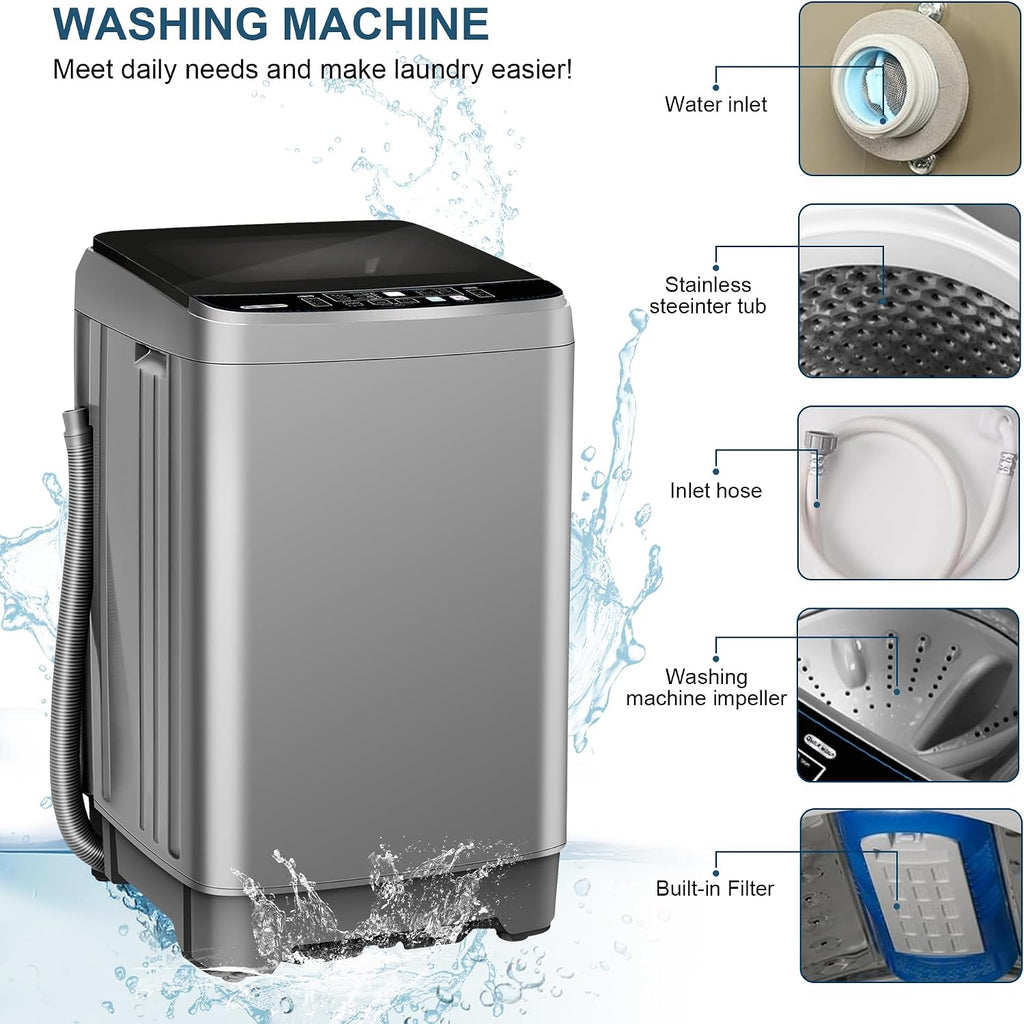 Portable Washing Machine, 25Lbs Capacity Portable Washer with Drain Pump, Full-Automatic Washer with 10 Programs & 8 Water Levels for Apartment, Dorms, Home, Grey
