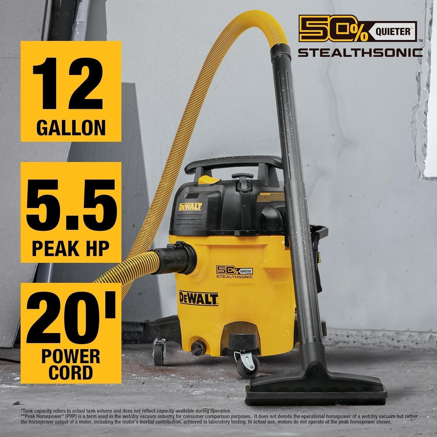DEWALT 12 Gallon STEALTHSONIC Ultra Quiet Poly Wet Dry Vacuum, DXV12P-QTA Powerful Suction Noise Reduction Vac, 5.5 Peak HP Shop Vacuum for Jobsite/Workshop, Reduce Motor Noise