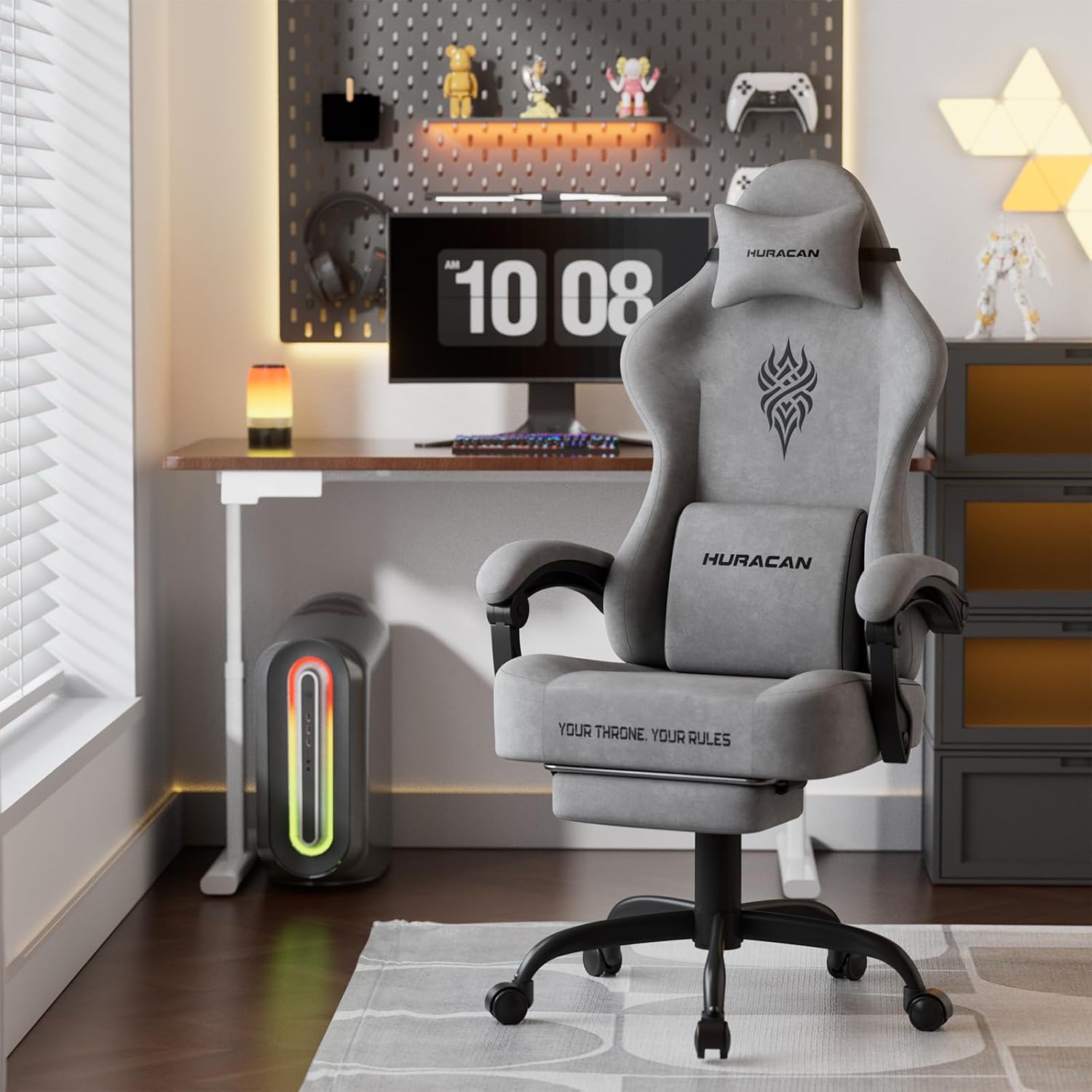 Ferghana Velvet Fabric Gaming Chair with 20.5″ Wider Seat Cushion, Fire Embroidery Ergonomic High Back Game Chair with Footrest, Computer Chair with Massage Lumbar Support for Adult, Gray