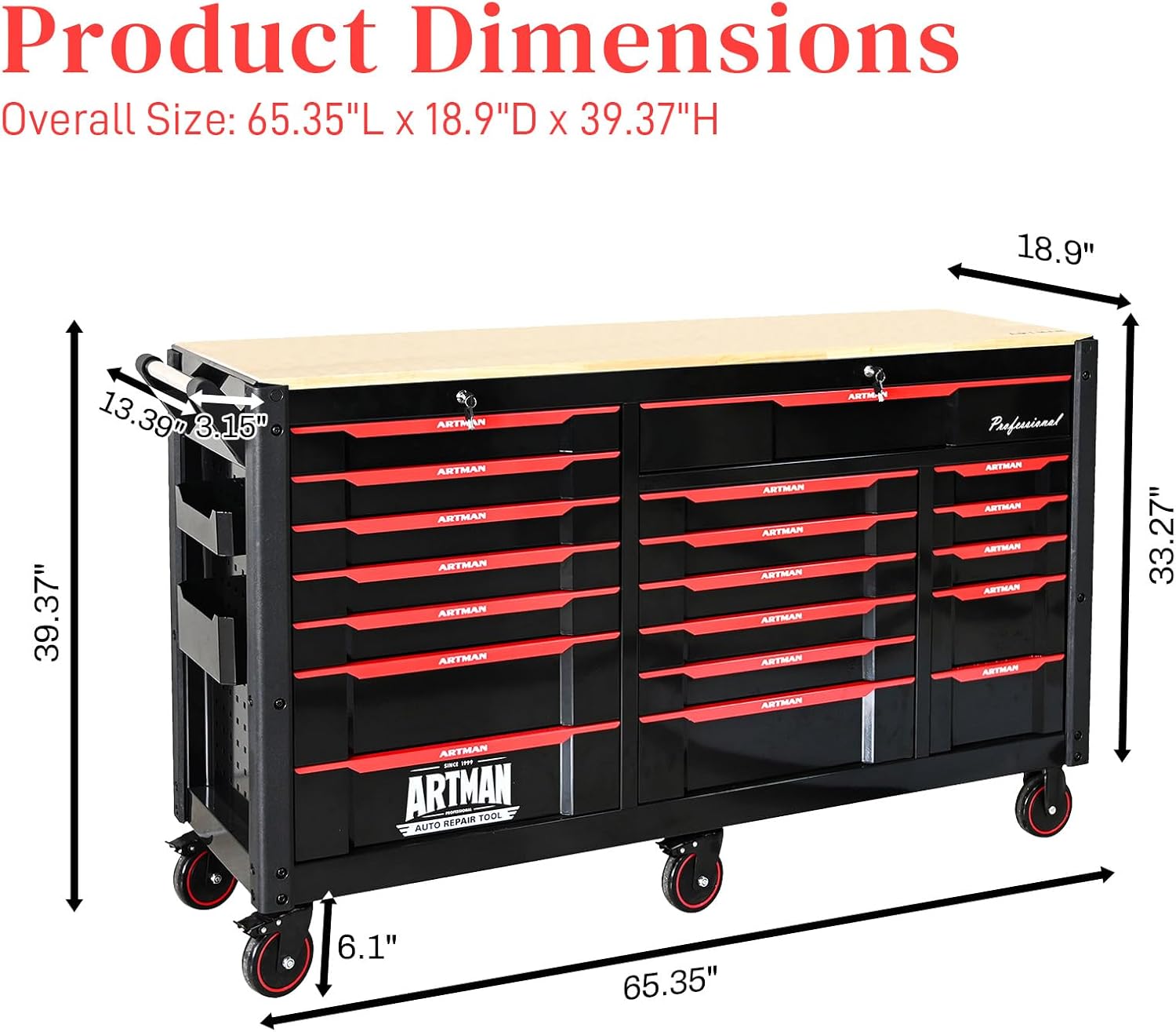 66' Rolling Tool Chest with 19 Drawers Large Mobile Workbench Heavy Duty Tool Cart on Wheels Work Bench Mechanic Toolbox Lockable Storage Cabinet for Garage, Workshop, Warehouse, Laboratory, Wood Top