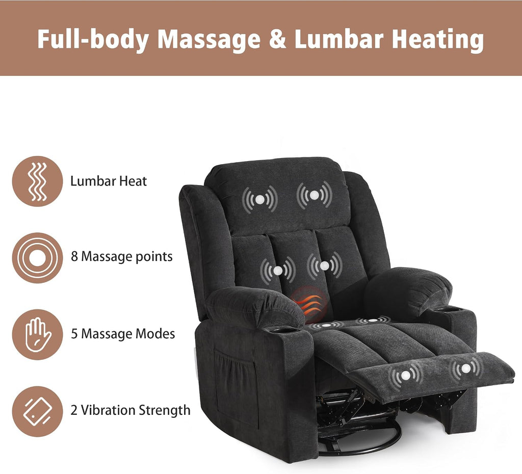 Ketaiyou Rocker Swivel Recliner Chair for Adults, Overstuffed Large Manual Recliner Glider with Massage and Heat, Comfy Soft Fabric Living Room Reclining Sofa Chair (Black1)