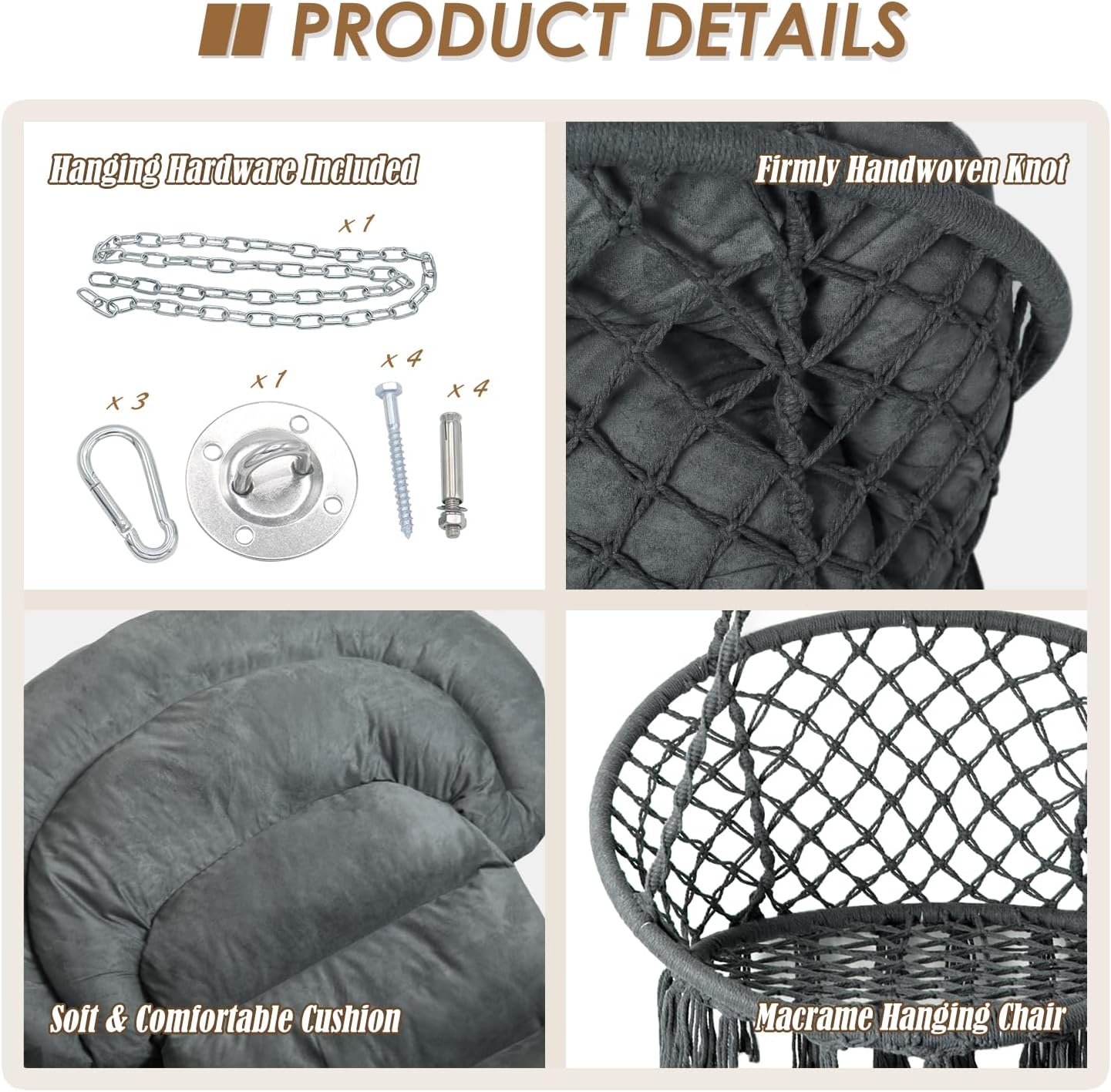 Hammock Chair with Cushion and Hanger Set, Handmade Macrame Swing Chair with Hanging Hardware Kits, Bohemian Style Cotton Rope Hanging Chair for Bedroom Indoor Outdoor, Dark Grey