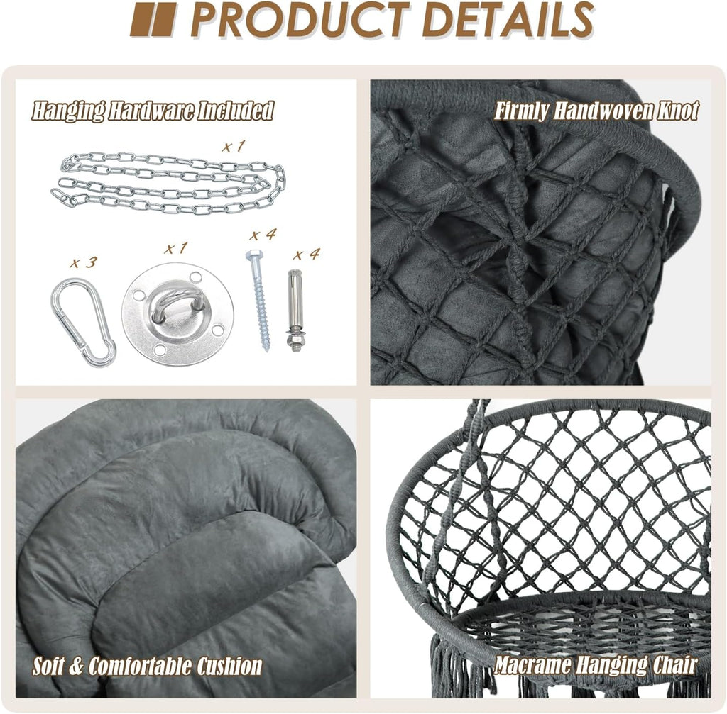 Hammock Chair with Cushion and Eye Bolt Hooks, Handmade Macrame Swing Chair with Hanging Hardware Kits, Bohemian Style Cotton Rope Hanging Chair for Bedroom Indoor Outdoor