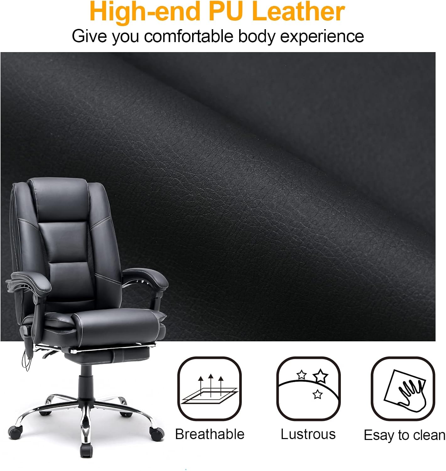 HOMREST 4-Point Massage Executive Office Chair with Footrest,Heated Reclining Chair with Lumbar Back Support,Ergonomic Desk Chair with Armrest, Computer Desk Chair for Home Office(Black)