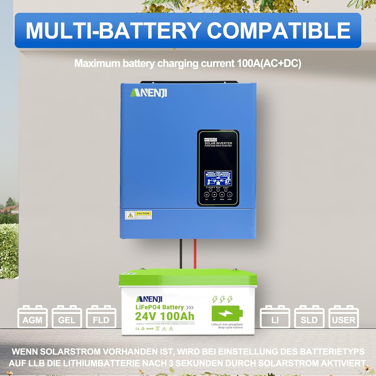 3000W Hybrid Solar Inverter 24V DC to 110V AC, Pure Sine Wave, Built-in 100A MPPT Controller, 98% Efficiency, Solar & Generator Input, Dustproof, for Home Backup RV Off-Grid
