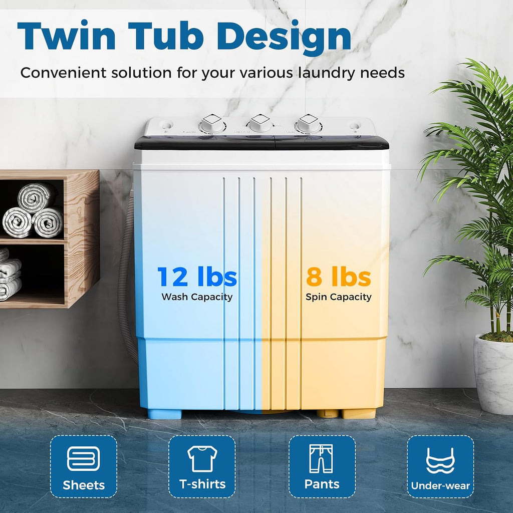 COSTWAY Portable Washing Machine, Twin Tub 20Lbs Capacity, Compact Laundry Washer(12Lbs) and Spinner(8Lbs), Durable Design for Apartment Dorm RV, Black+White
