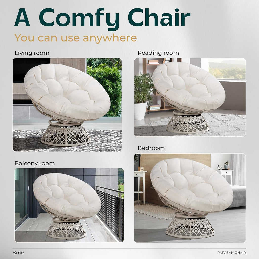 Bme 40' Ergonomic Wicker Papasan Chair with Soft Thick Density Fabric Cushion, High Capacity Steel Frame, 360 Degree Swivel for Living, Bedroom, Reading Room, Lounge