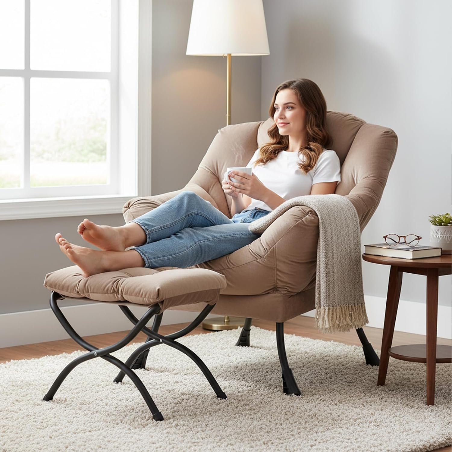 Welnow Lazy Chair with Ottoman, Modern Accent Chair with Armrests and a Side Pocket, Leisure Sofa Chair Set, Reading Chair with Footrest for Small Space, Corner Chair, Dark Brown