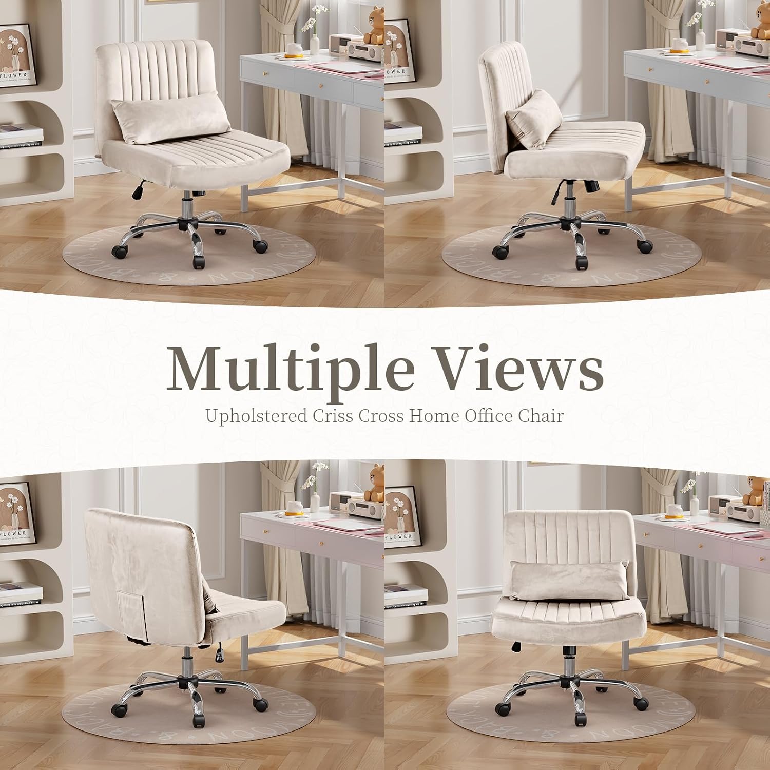 Velvet Office Chair, Luxury Criss Cross Chair with Wheels, Comfy Cross Legged Desk Chair for Home Office, Height Adjustable Vanity Chair, Wide Seat Computer Chair, Gift for Girlfriend, Cozy Beige