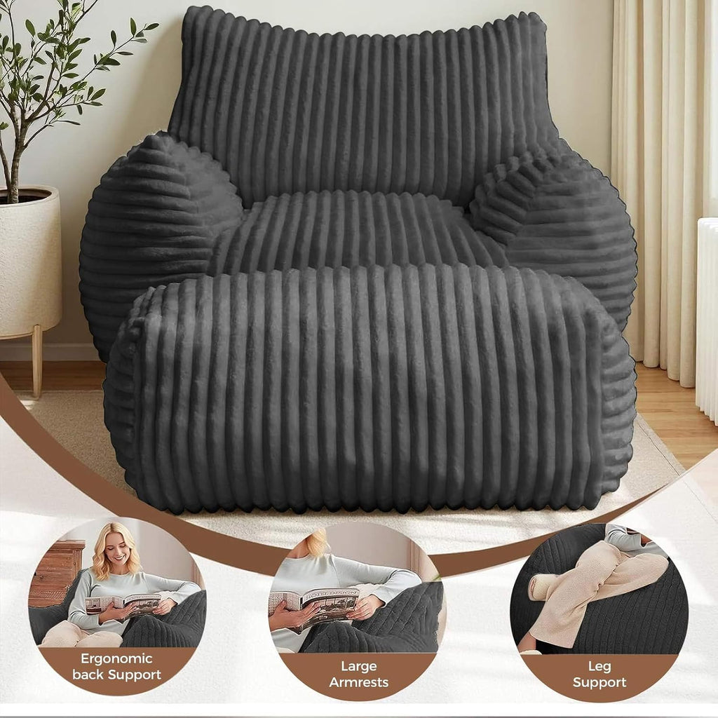 LKD Oversized Bean Bag Chairs for Adults,Bean Bag Chair with arms,Plush Bean Bag,Modern Living Room Decorative Chair,Corner Chair Bedroom,Reading Sofa, Dormitory Lounge Chairs (Black, with Ottoman)