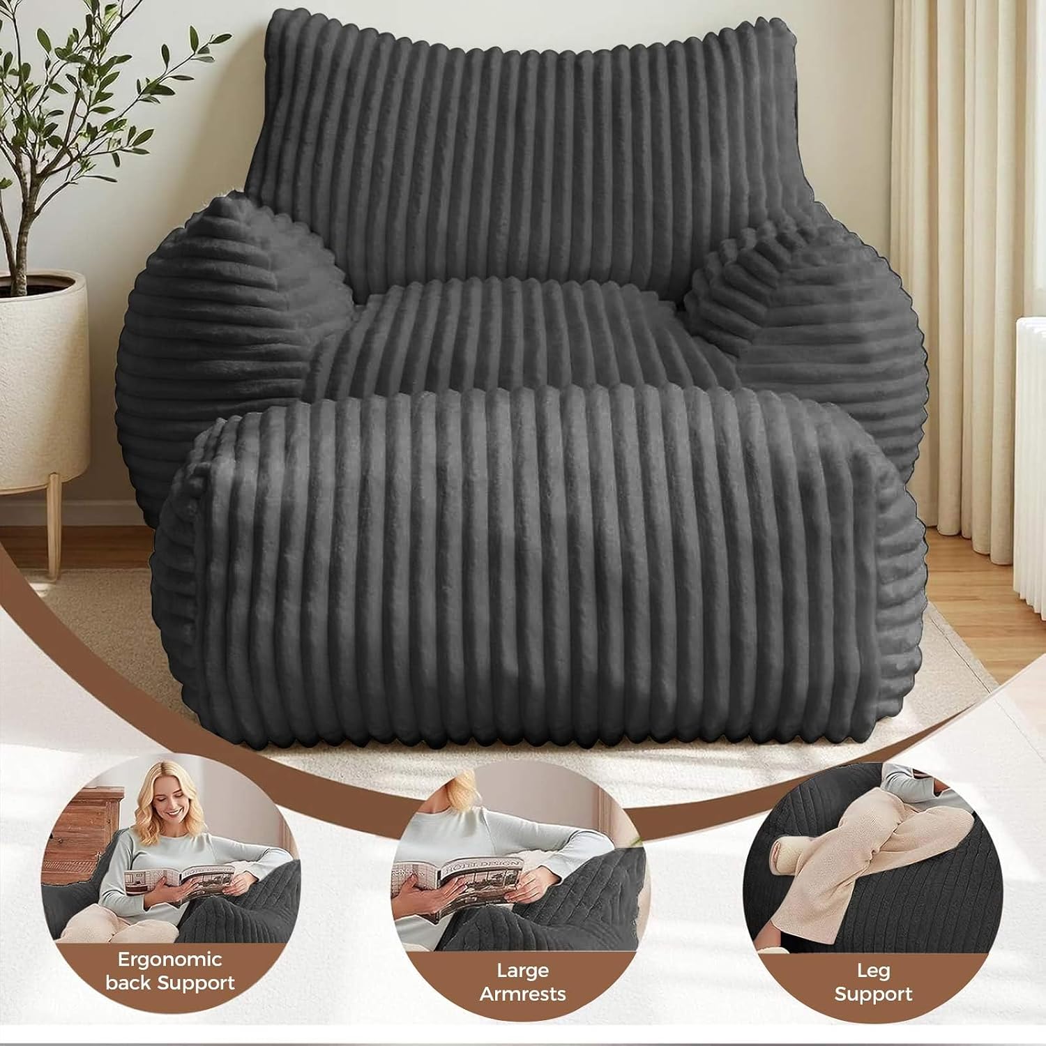 LKD Oversized Bean Bag Chairs for Adults,Bean Bag Chair with arms,Plush Bean Bag,Modern Living Room Decorative Chair,Corner Chair Bedroom,Reading Sofa, Dormitory Lounge Chairs (Black, with Ottoman)
