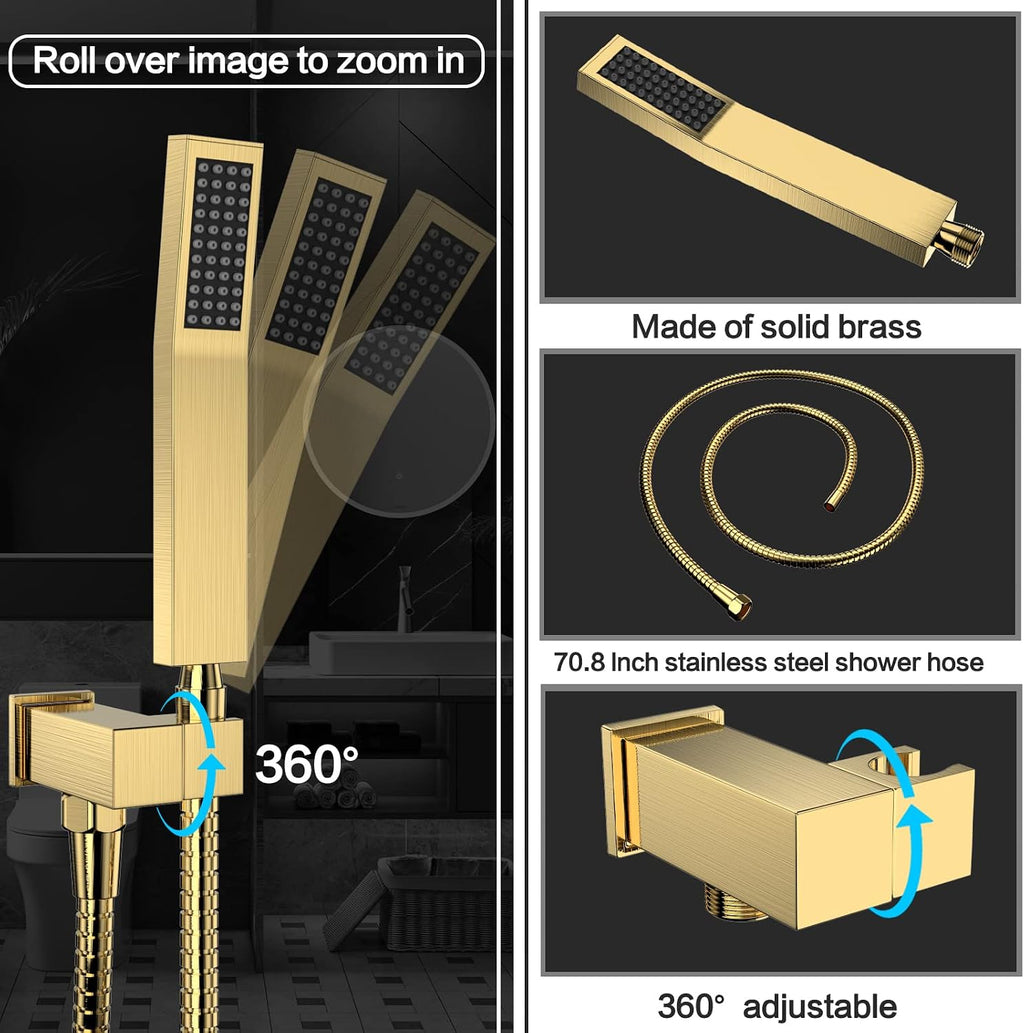 Shower System Rain Shower Faucet Set with Tub Spout,10 inch Bathroom Wall Mounted Waterfall Bathtub Faucet with Handheld Spray and Rough-in Valve Body and Trim kit,Brushed Gold