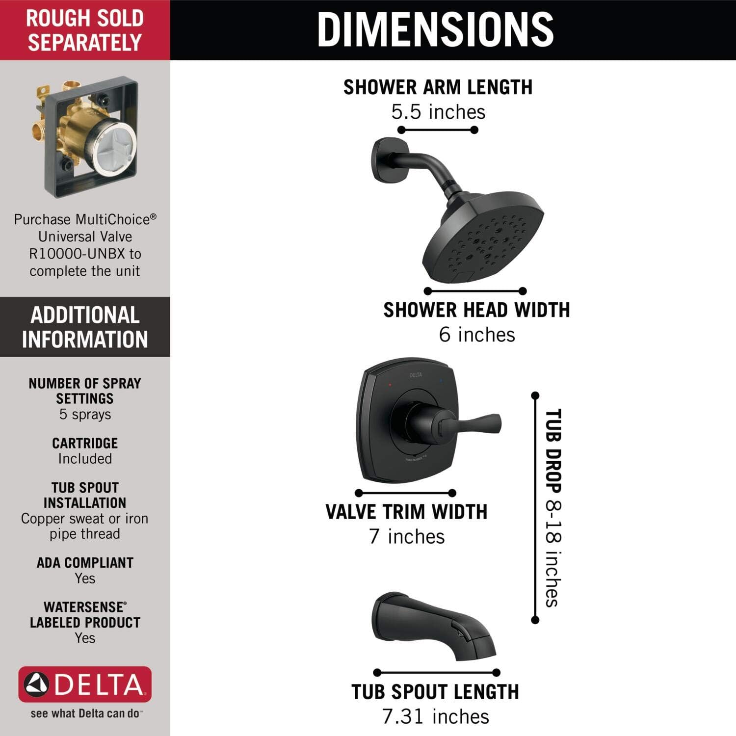 Delta Faucet Stryke 14 Series Single-Function Tub and Shower Trim Kit, Shower Faucet, Single-Spray H2Okinetic Shower Head, Matte Black T14476-BL (Valve Not Included)