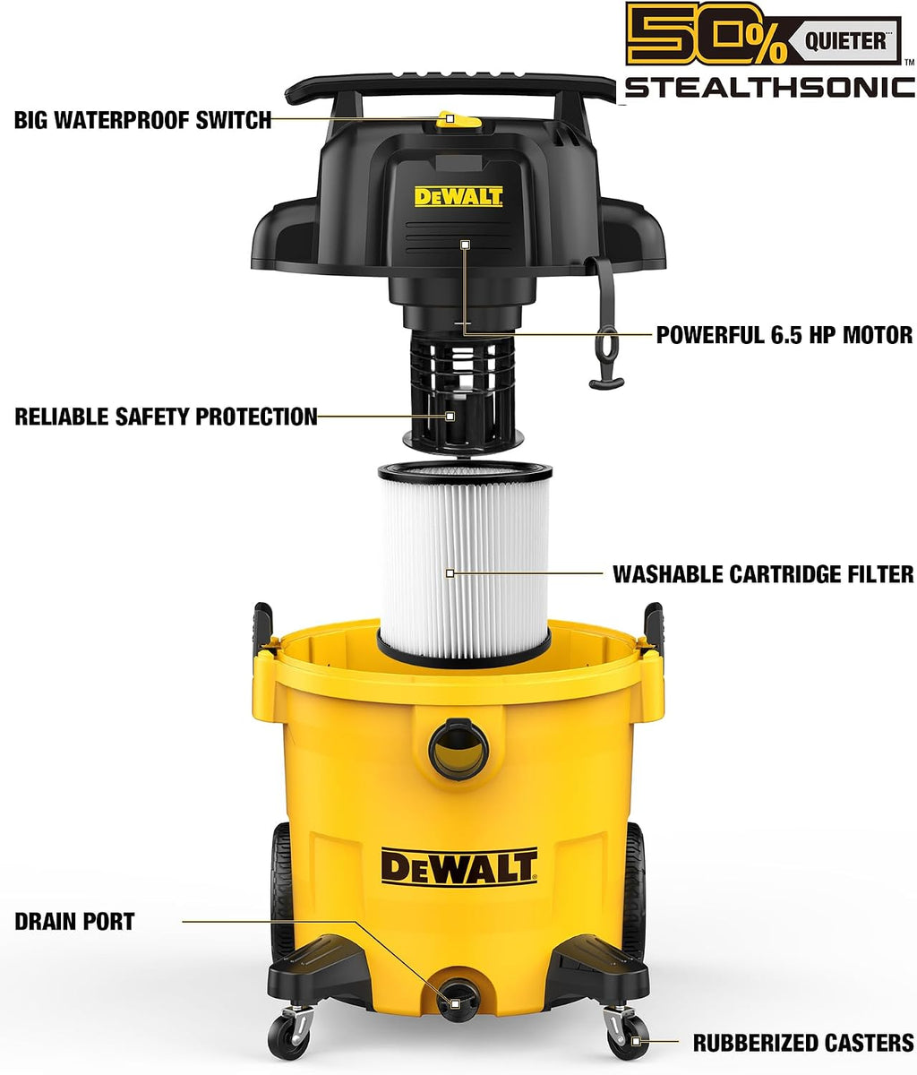 DEWALT 9 Gallon STEALTHSONIC Ultra Quiet Poly Shop Vacuum Wet/Dry, DXV09P-QTA Noise Reduction Vac for Shop, Heavy Duty Shop Vacuum