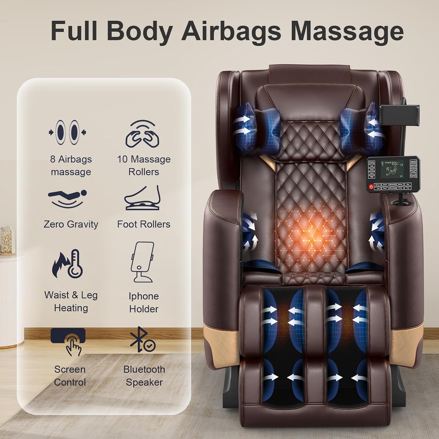 FURNIMAT 2026 Massage Chair Full Body, Zero Gravity Massage Chair with 10 Fix Rollers, Airbags, Heating, Foot Massage, Auto Modes, Bluetooth Speaker, Smart Screen Controller(Brown Premium)