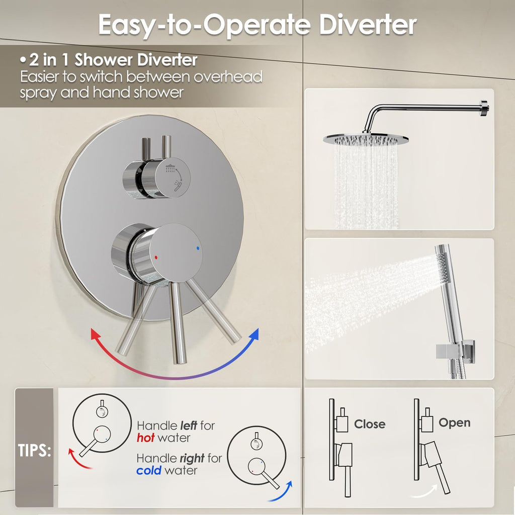 Gabrylly Shower System, Wall Mounted Shower Faucets Set with Shower Valve, High Pressure 10' Rain Shower head with Handheld Spray Combo, 2 Way Rainfall Shower Head Set, Chrome