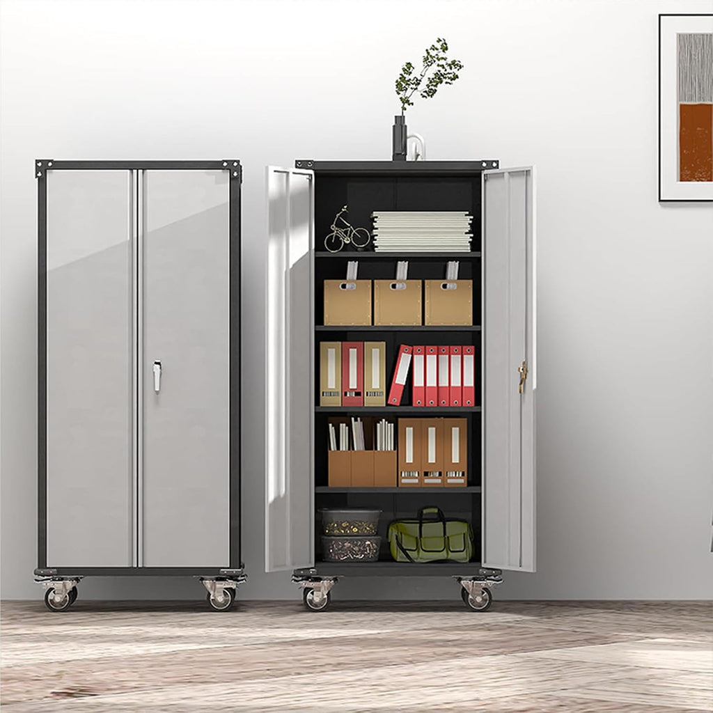 Metal Storage Cabinet with Wheels,71' Tall Garage Cabinet with 2 Doors and 4 Adjustable Shelves,Heavy Duty Broom Closet Storage Cabinet & Locking Cabinet for Home Office Warehouse