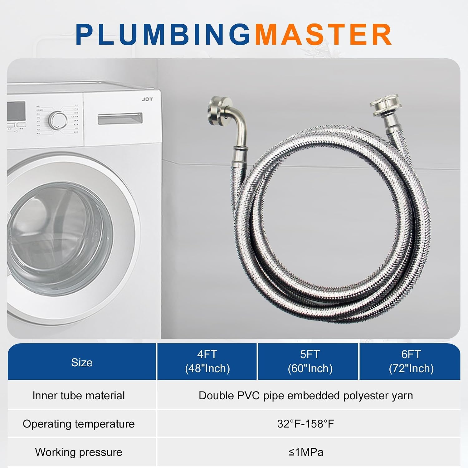 （40 Pack）PLUMBINGMASTER 5Ft Washing Machine Hoses, Washer Hoses with 90 Degree Elbows Universal Stainless Steel Washing Machine Supply Lines Braided Washer Hoses for Washing Machine 20 Pairs