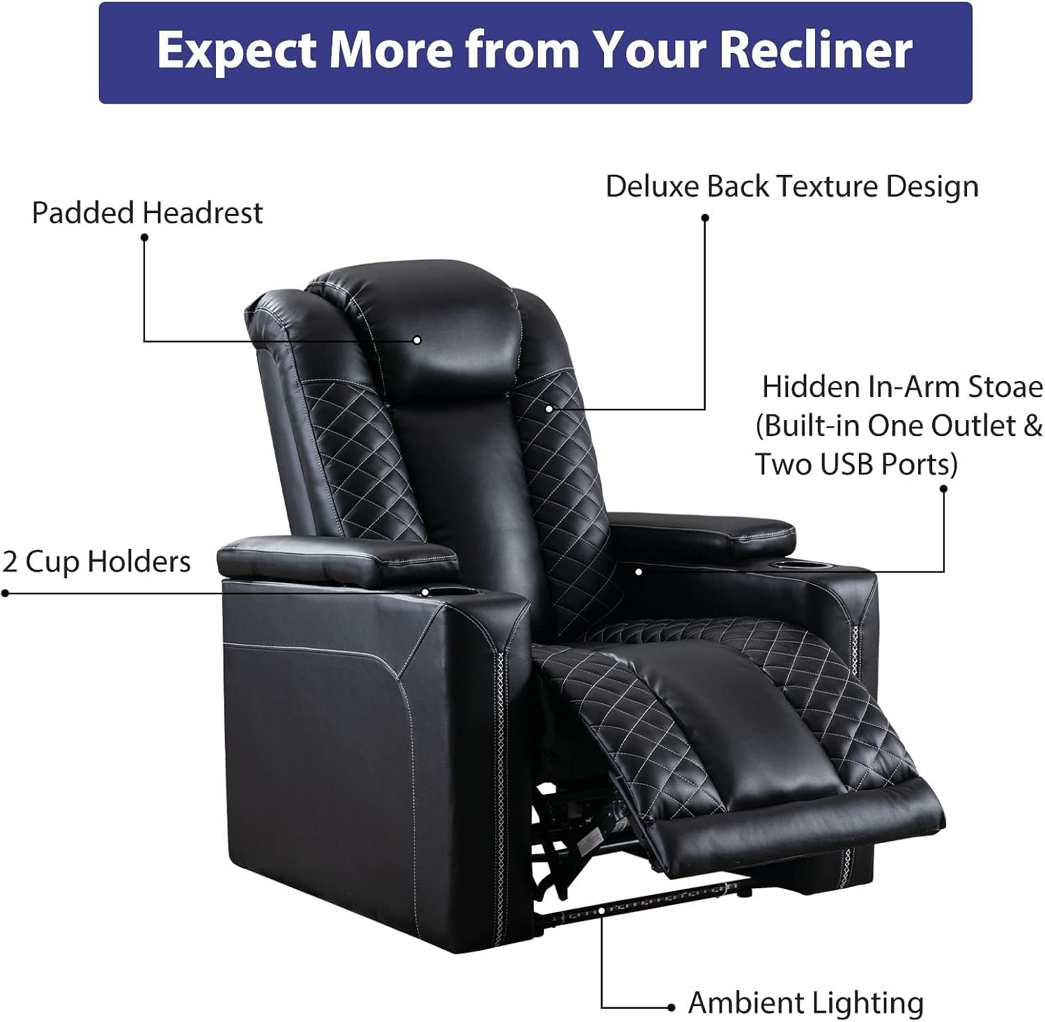 CANMOV Electric Recliner Chairs Set of 3, Breathable Faux Leather Home Theater Seating Recliner with Ambient Lighting, Power Recliner Chairs with USB Ports, Cup Holders, Hidden Arm Storage, Black