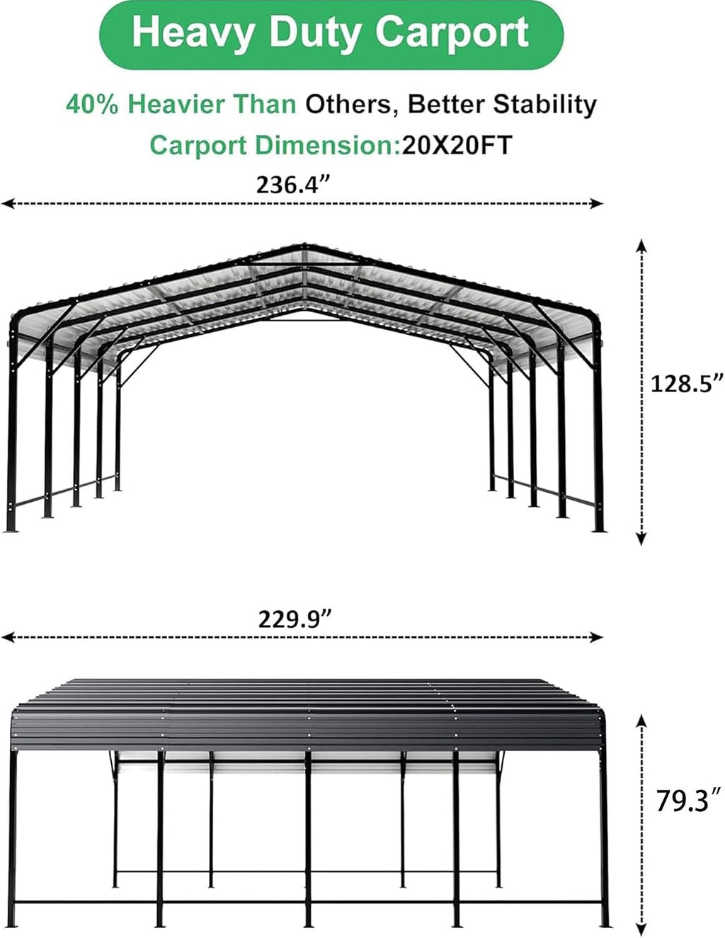 AirWire 20x20 FT Metal Carport with Heavy Duty Carport Canopy, Car Port with Reinforced Base and Five Canopy Beams, 2 Car Garage Shelter for Car, Boats and Truck