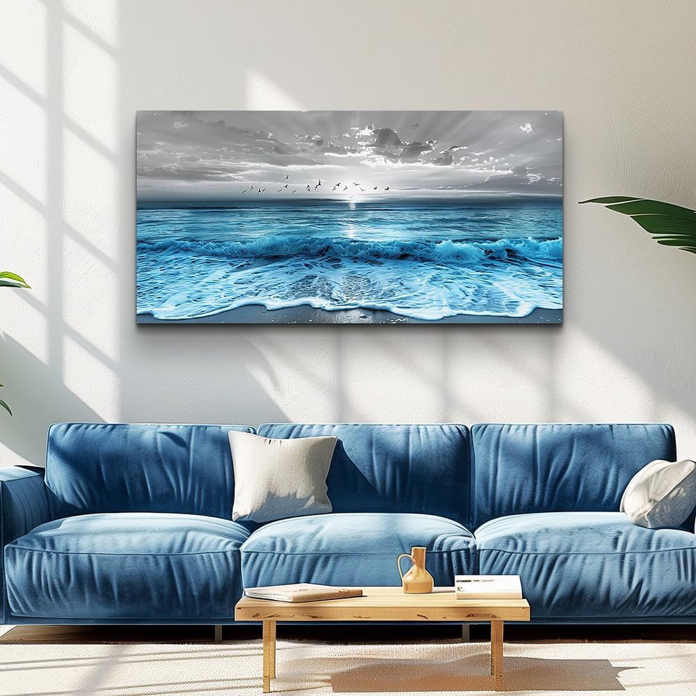 ERQINHUA Large Canvas Printed Artworks Mural Wall Decor For Living Room Wall Art For Bedroom Office Restaurant Decoration Blue Sea Wave Ocean Paintings Beach Wall Pictures Modern Home Decor 30'X60'