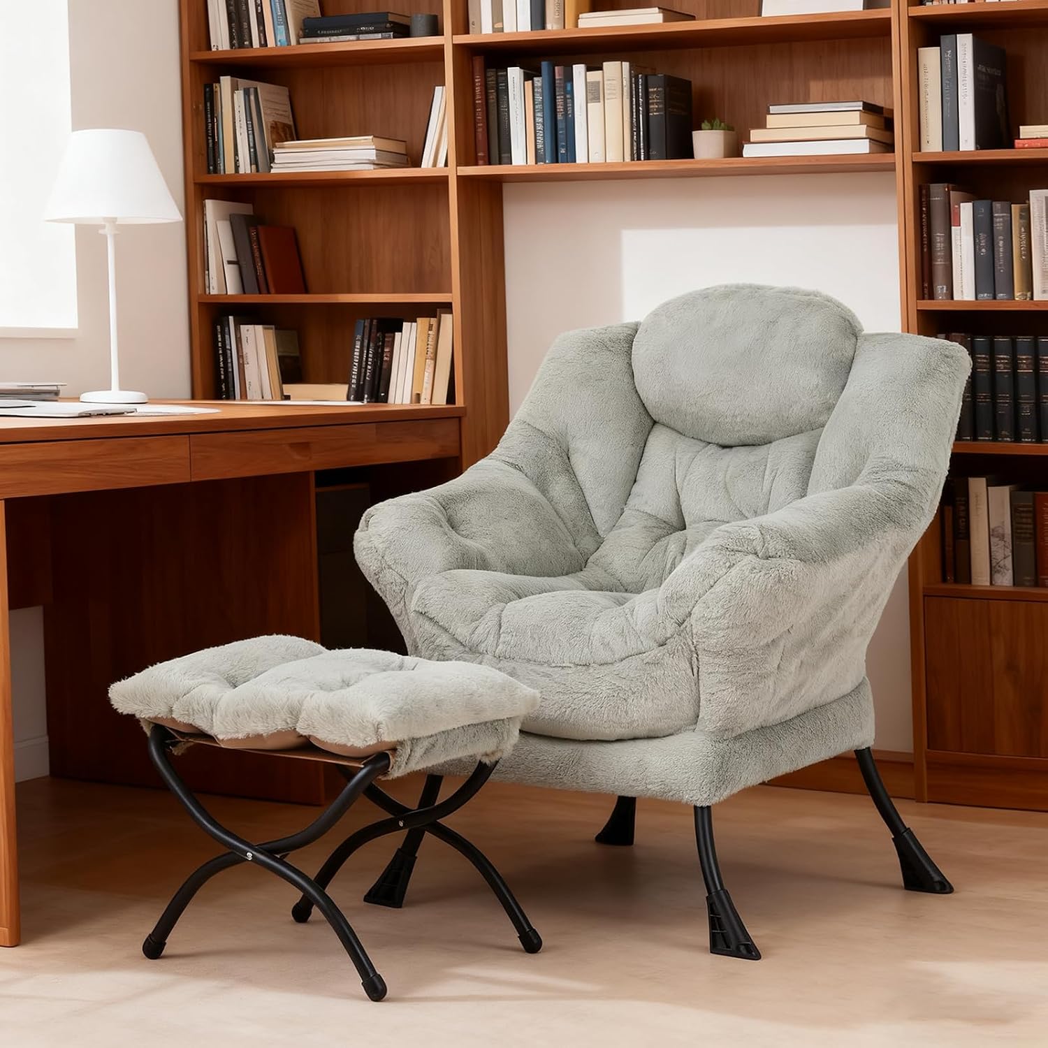 Welnow Lazy Chair with Ottoman, Modern Accent Chair with Armrests and a Side Pocket, Leisure Sofa Armchair, Reading Armchair with Footrest for Small Space, Plush Green