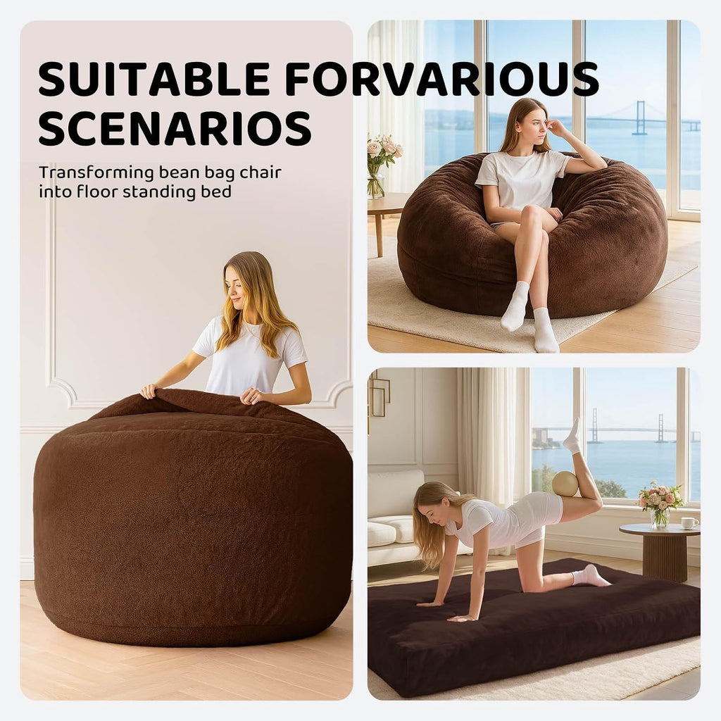 Adult bean bag chair bed, bean bag sofa with filling, memory foam, comfortable floor sofa bed, boneless floor chair, suitable for living room bedroom dormitory balcony lounge (Coffee Color, Chair Bed)