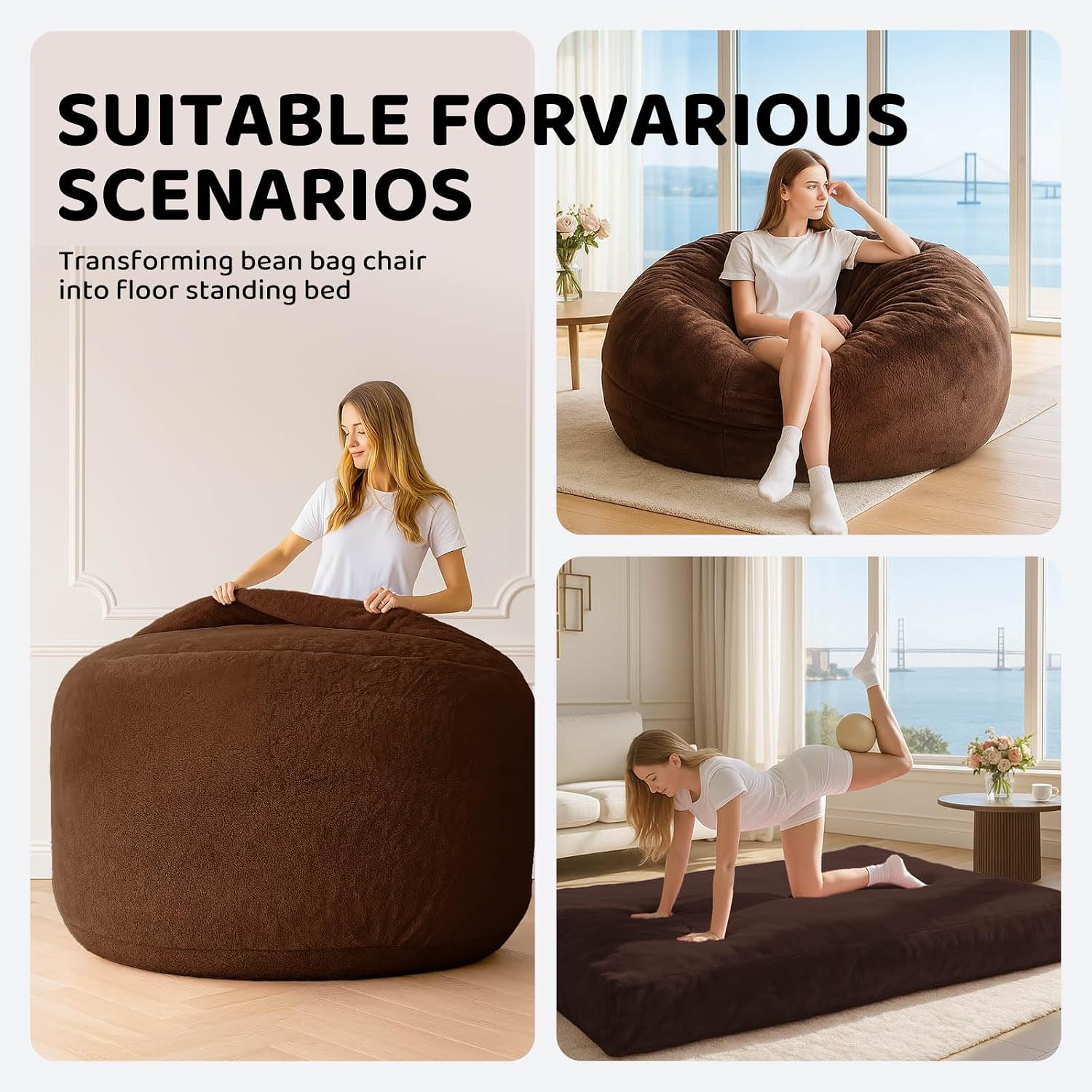 Adult bean bag chair bed, bean bag sofa with filling, memory foam, comfortable floor sofa bed, boneless floor chair, suitable for living room bedroom dormitory balcony lounge (Coffee Color, Chair Bed)