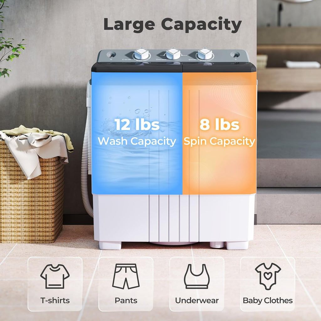 Giantex Portable Washing Machine, 20 LBS Washer & Spinner Combo with Built-in Drain Pump & Time Control, Compact Twin Tub 12 LBS Washing & 8 LBS Spin Drying for Apartment Dorm RV (Grey+White)