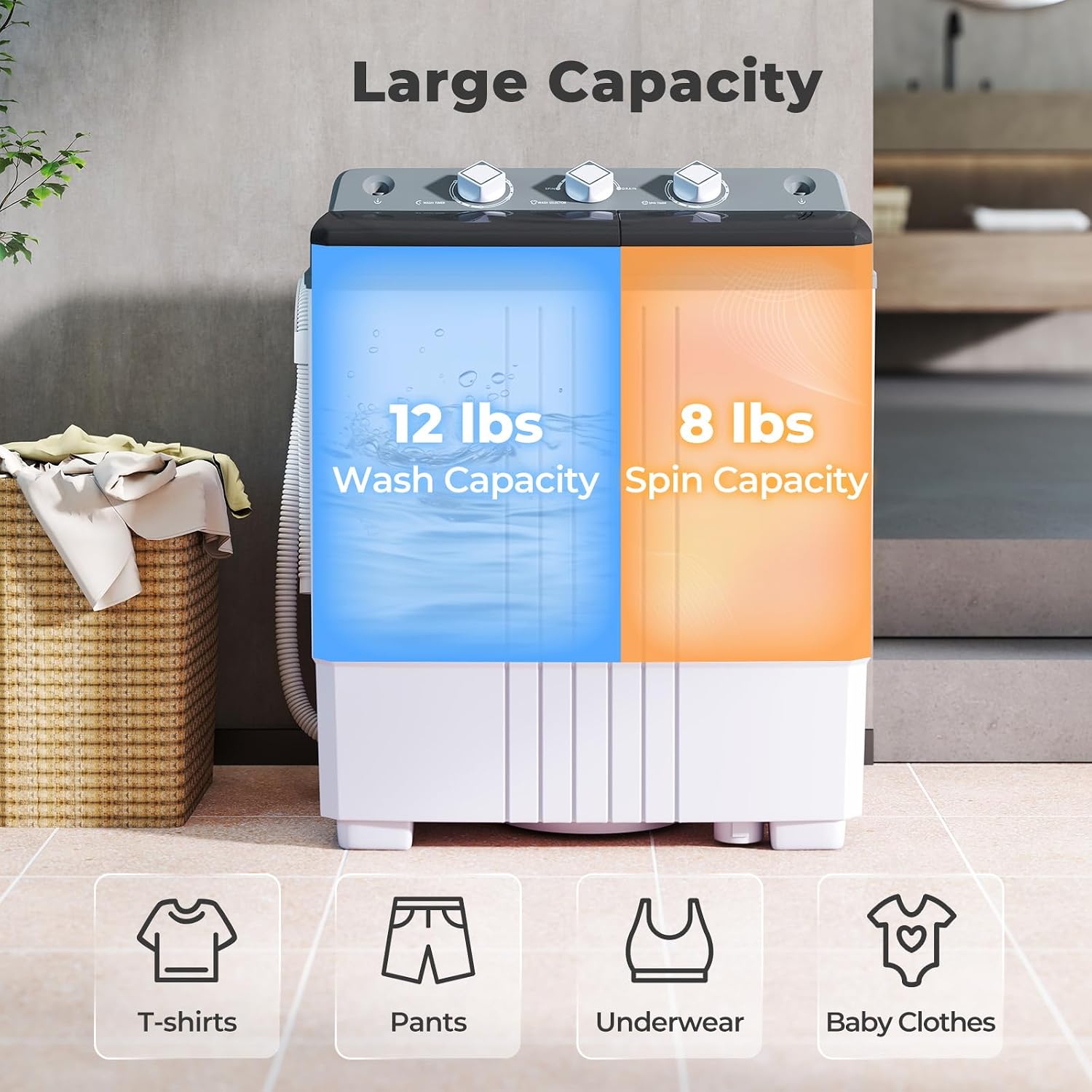 Giantex Portable Washing Machine, 20 LBS Washer & Spinner Combo with Built-in Drain Pump & Time Control, Compact Twin Tub 12 LBS Washing & 8 LBS Spin Drying for Apartment Dorm RV (Grey+White)