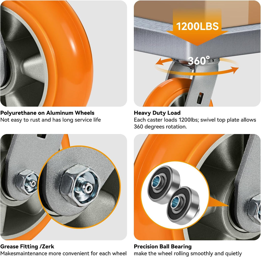 6' Caster Wheels Heavy Duty, Crowned Tread Aluminum Core Thickened Polyurethane Casters Set of 4 with Load 4800lbs Capacity, Industrial Swivel Caster Wheels for Cart Toolbox (4 Swivel)