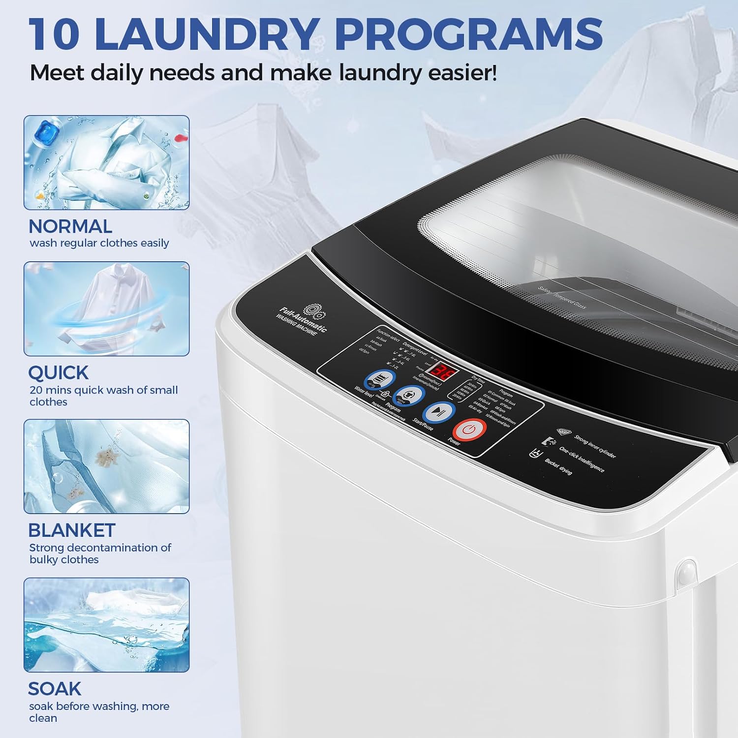 Nictemaw Portable Washing Machine, 20Lbs Capacity Full-Automatic Portable Washer with Drain Pump, 2.8Cu.ft Washer and Dryer Combo with 10 Programs & 8 Water Levels for Apartment, Dorms, RV- Glass Lid