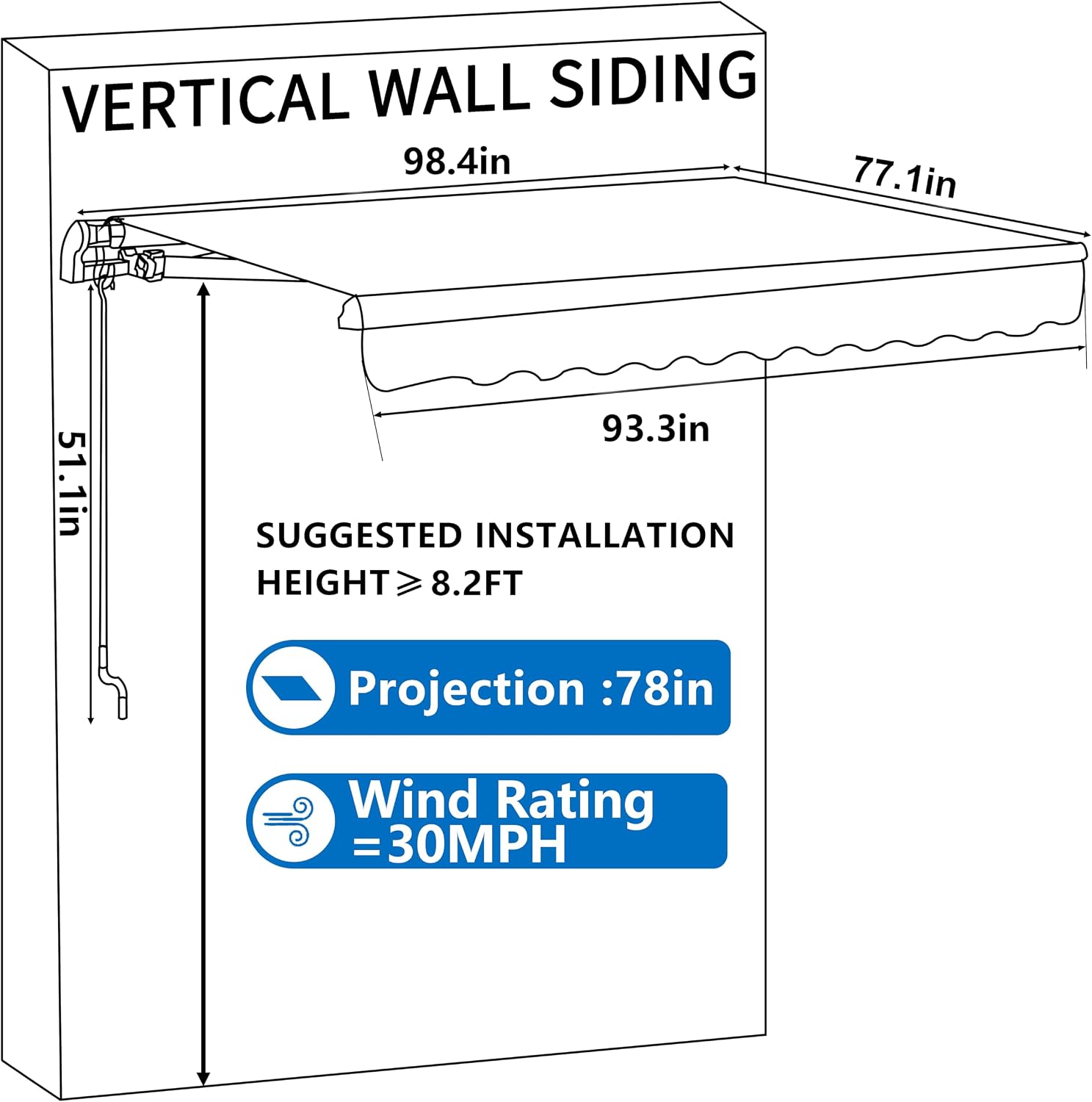 VEIKOU 8 x 7ft Patio Retractable Awning, Awnings for Patio w/Adjustable Canopy, Manual Awning Sun Shade Window Door Shelter with Aluminum Frame for Deck, Garden, Gray