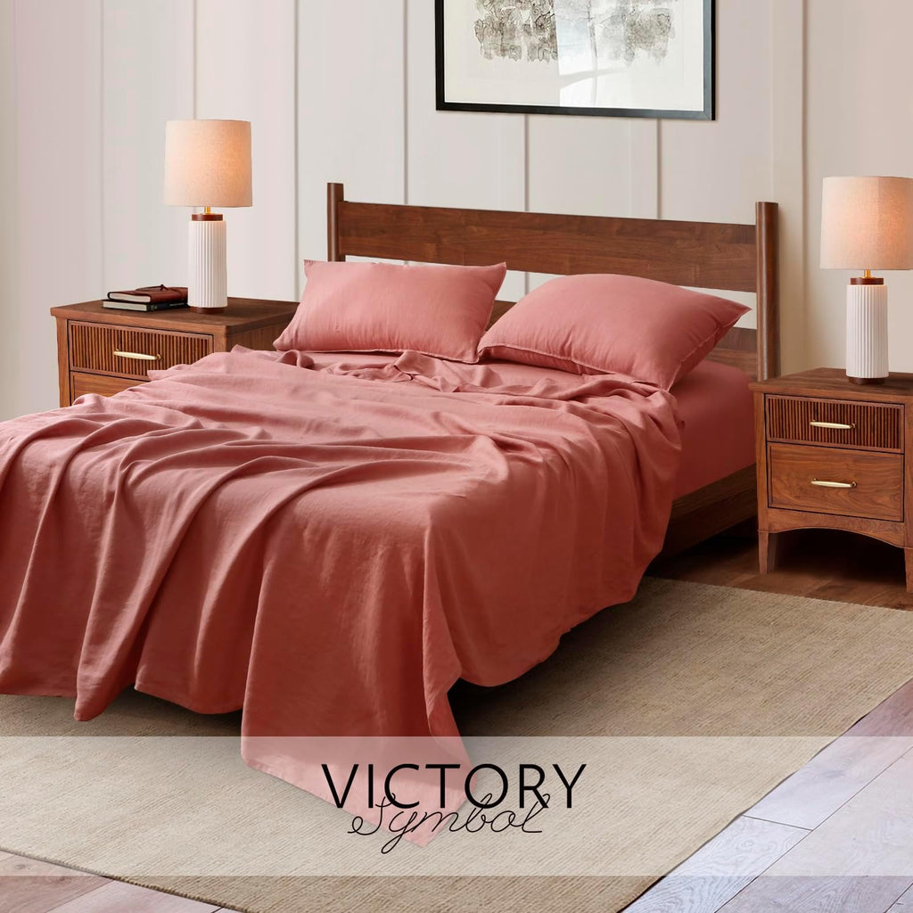 S VICTORY SYMBOL 100% Organic Linen Sheets Set,Washed French Flax Bed Sheets Set 3Pcs Twin Size,Natural Linen Bedding Breathable Soft-Clay