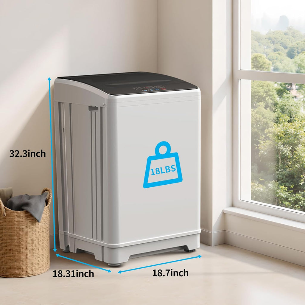 18lbs Portable Washing Machine, Full Automatic Washer and Dryer, 2.4 Cu Ft Compact with Drain Pump, 10 Wash Programs & 8 Water Levels, Ideal for Apartment, RV, Home Use, White