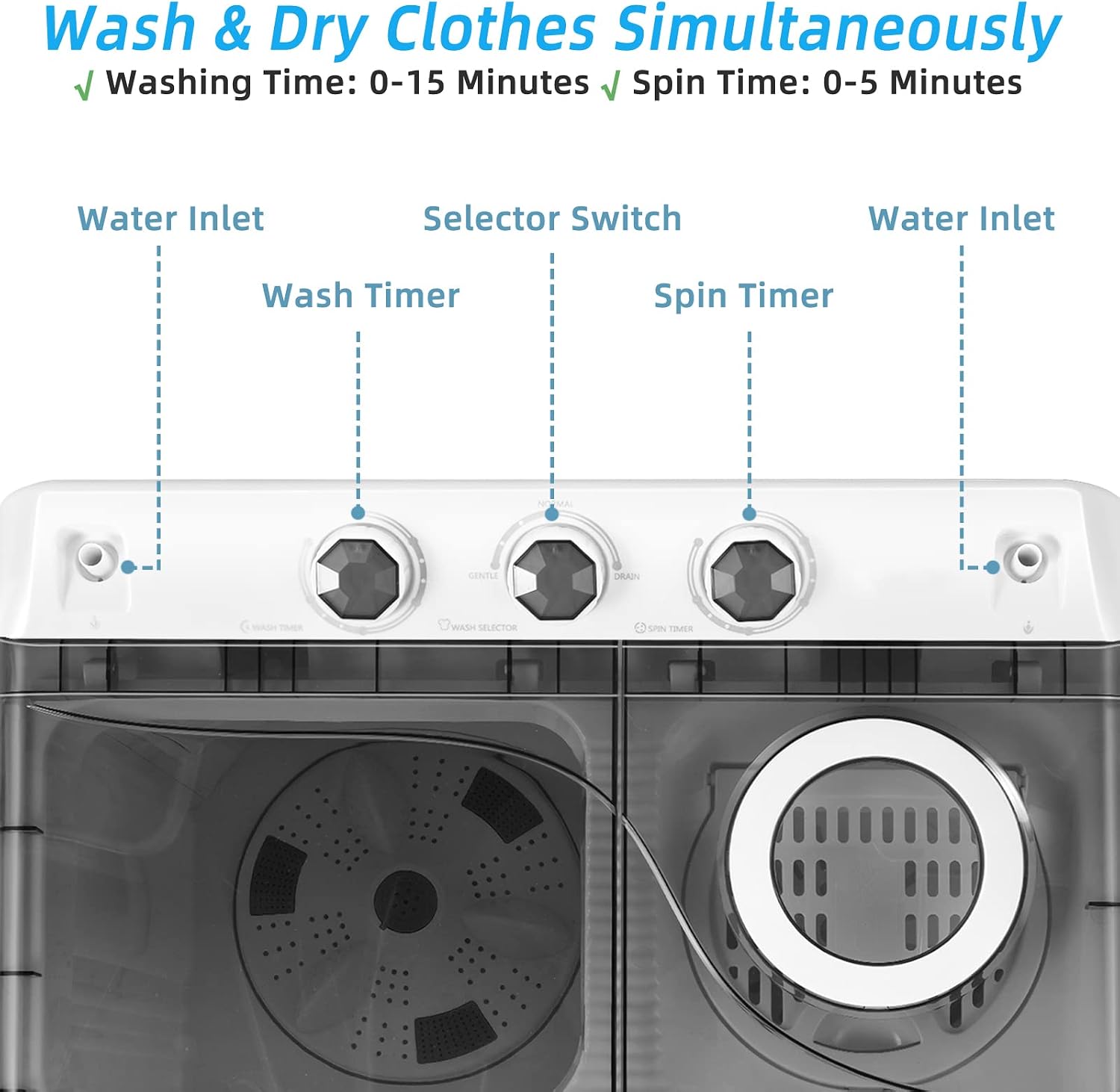 Giantex Portable Washing Machine, 26lbs Washer and Spinner Combo,18 lbs Washing 8 lbs Spinning, Built-in Drain Pump, w/Timer Control, Dorm Apartment Twin Tub Mini Laundry Washer Gray White