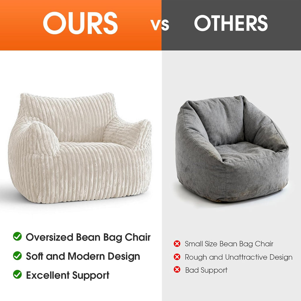 Giant Bean Bag Chair for Adults, Oversized Memory Foam Bean Bag Sofa with Armrests, Large Comfy Fluffy Single Lounges Mini Couch for Living Room, Bedroom & Dorm(Beige)