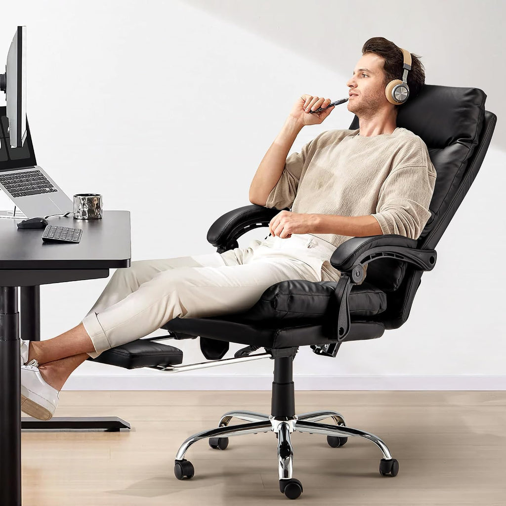 HOMREST Ergonomic Heated Reclining Office Chair with USB Charging, 4-Point Vibration Massage, Adjustable Armrests, and Footrest Premium Leather Desk Chair for Home and Office - Black