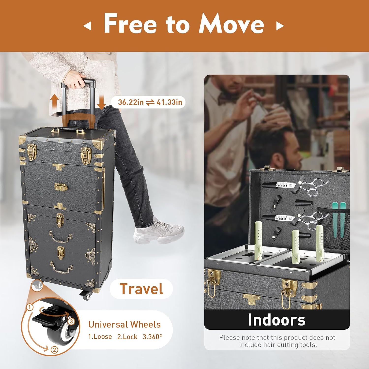 Beauty Salon Luggage on Wheels, 31.7 Inch Retro Travel Rolling Makeup Train Case with Makeup Hairdressing Tools Storage Nail Organizer Tool Box with 2 Password Locks for Manicure/Hairstylist