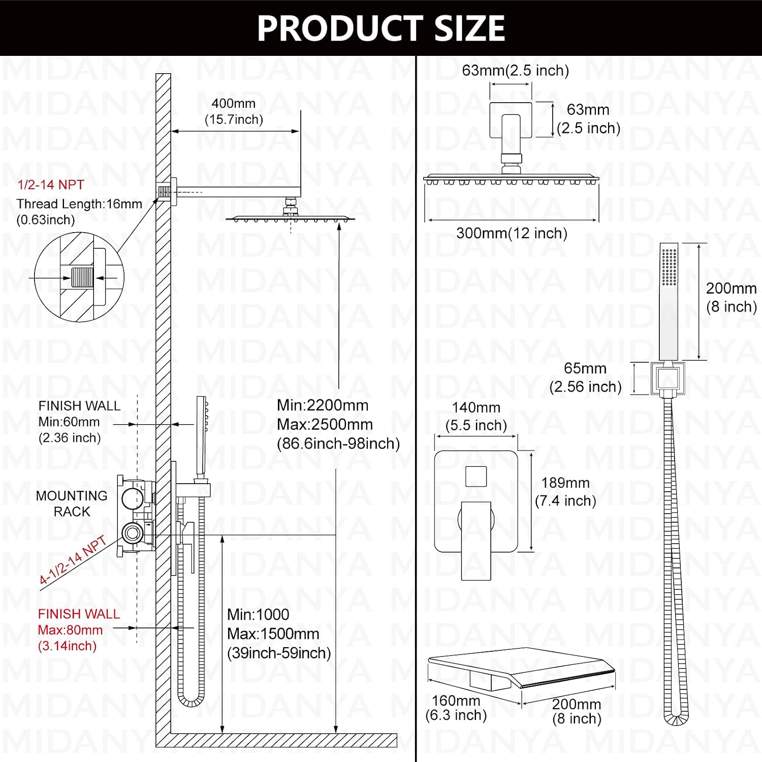 Midanya Shower System with Tub Spout,Bathtub Shower Faucet Set with Square Rainfall Head and Handheld Sprayer Wall Mount Tub Faucet Set with Valve and Trim Kit,12 Inch Matte Black