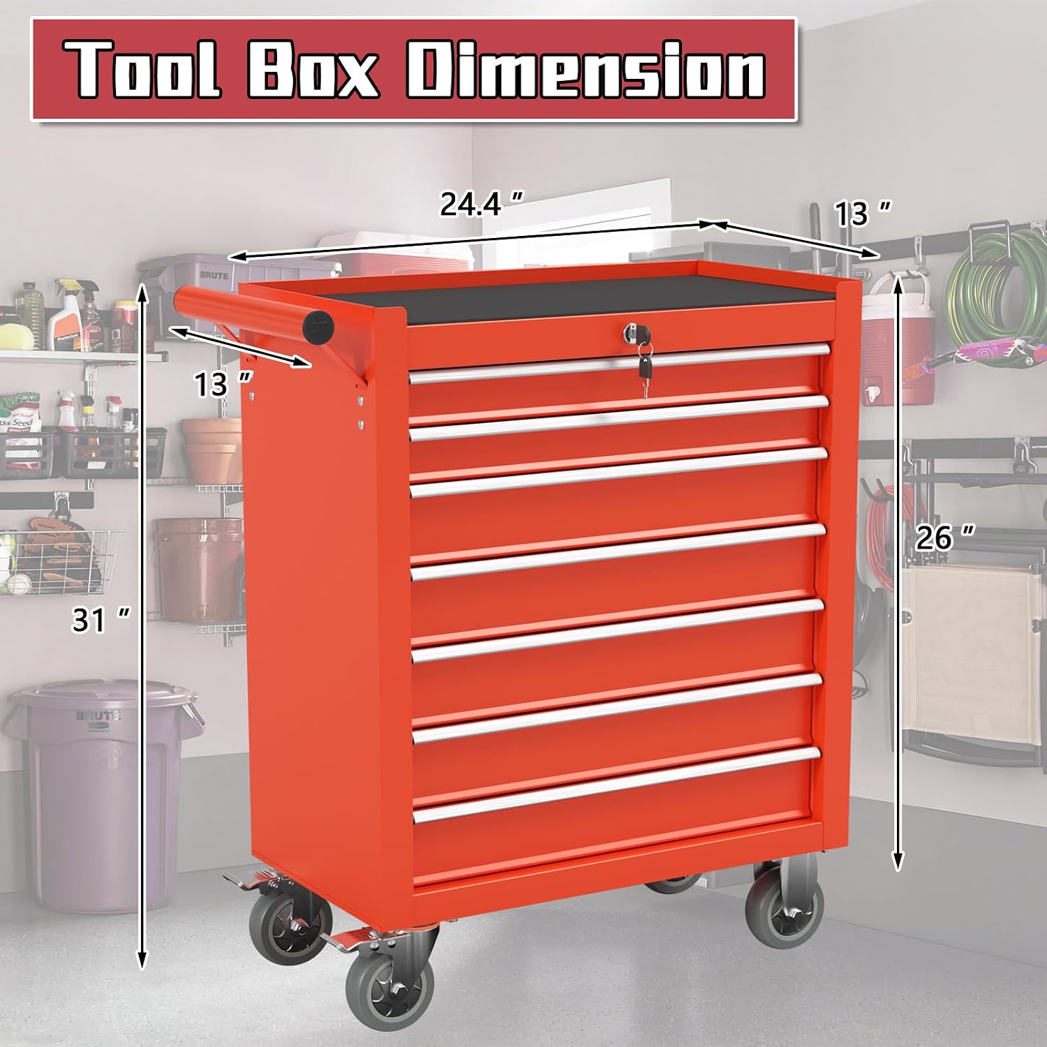 On Shine 7-Drawer Meatl Rolling Tool Chest with Wheels and Locking Tool Chest, Large Storage Capacity Rolling Tool Box, Portable Metal Tool Box for Warehouse,Garage, Repair Shop, Workshop (Red) 1