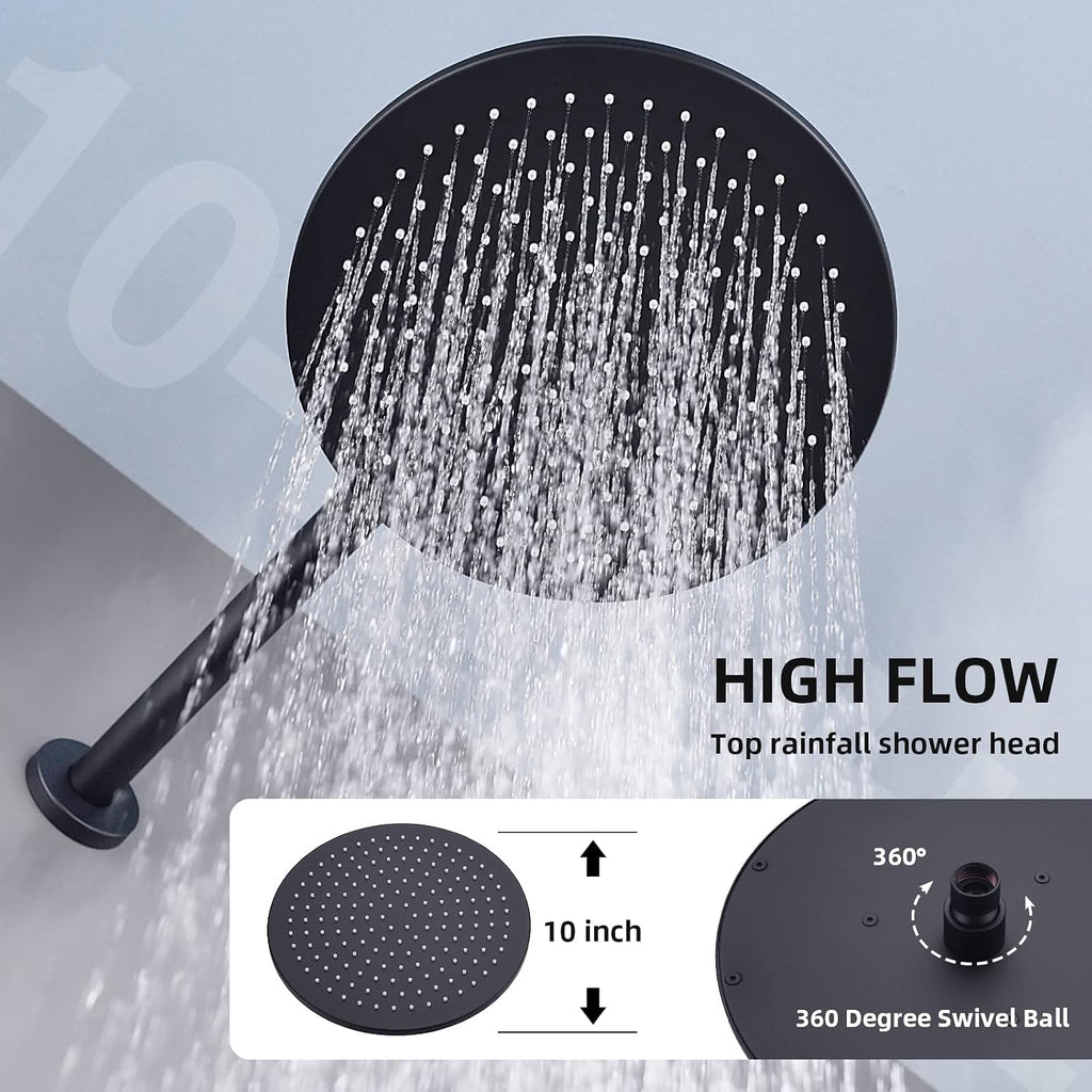 TRUSTMI 10 Inch Matte Black Shower System Push Button Diverter Wall Mounted Round Rainfall and Handheld Shower Trim Kit with Valve (Pressure Balance)