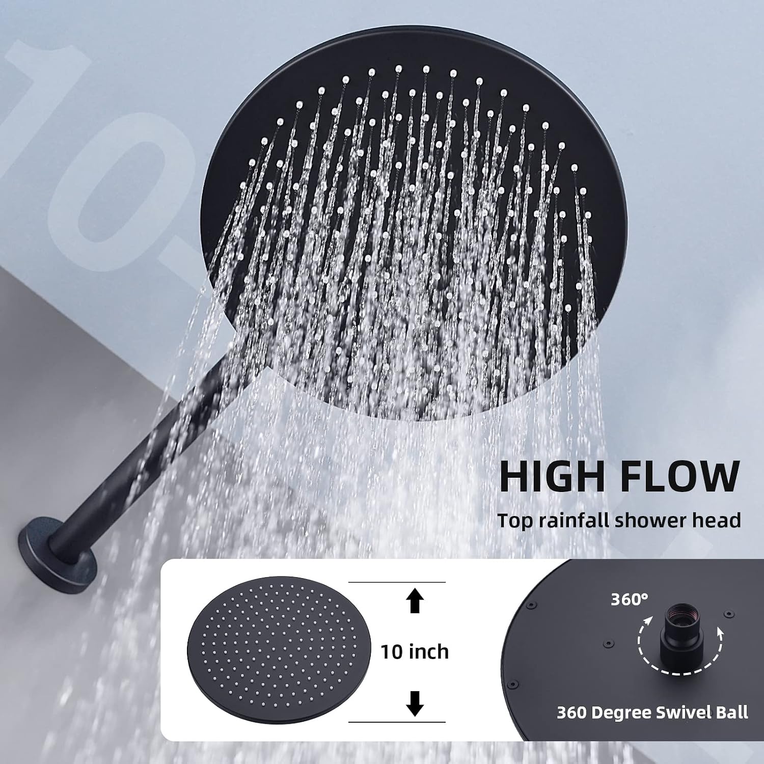TRUSTMI 10 Inch Matte Black Shower System Push Button Diverter Wall Mounted Round Rainfall and Handheld Shower Trim Kit with Valve (Pressure Balance)