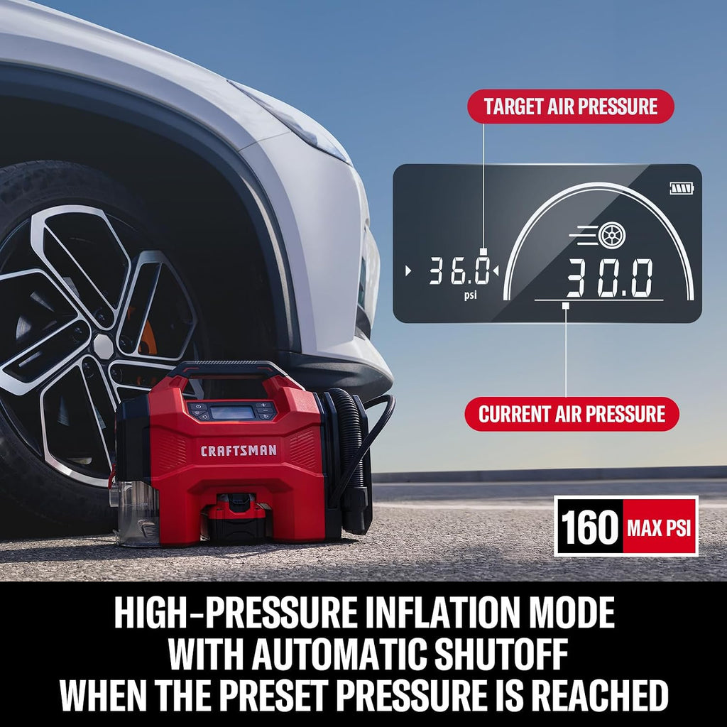 CRAFTSMAN 3-in-1 Cordless Portable Tire Inflator 160 PSI Air Compressor, 4.0Ah Battery & 12V Charger, Car Vacuum, Dust Blower & LED Light for Car, Bike, Ball, Inflatable Mat & SUP