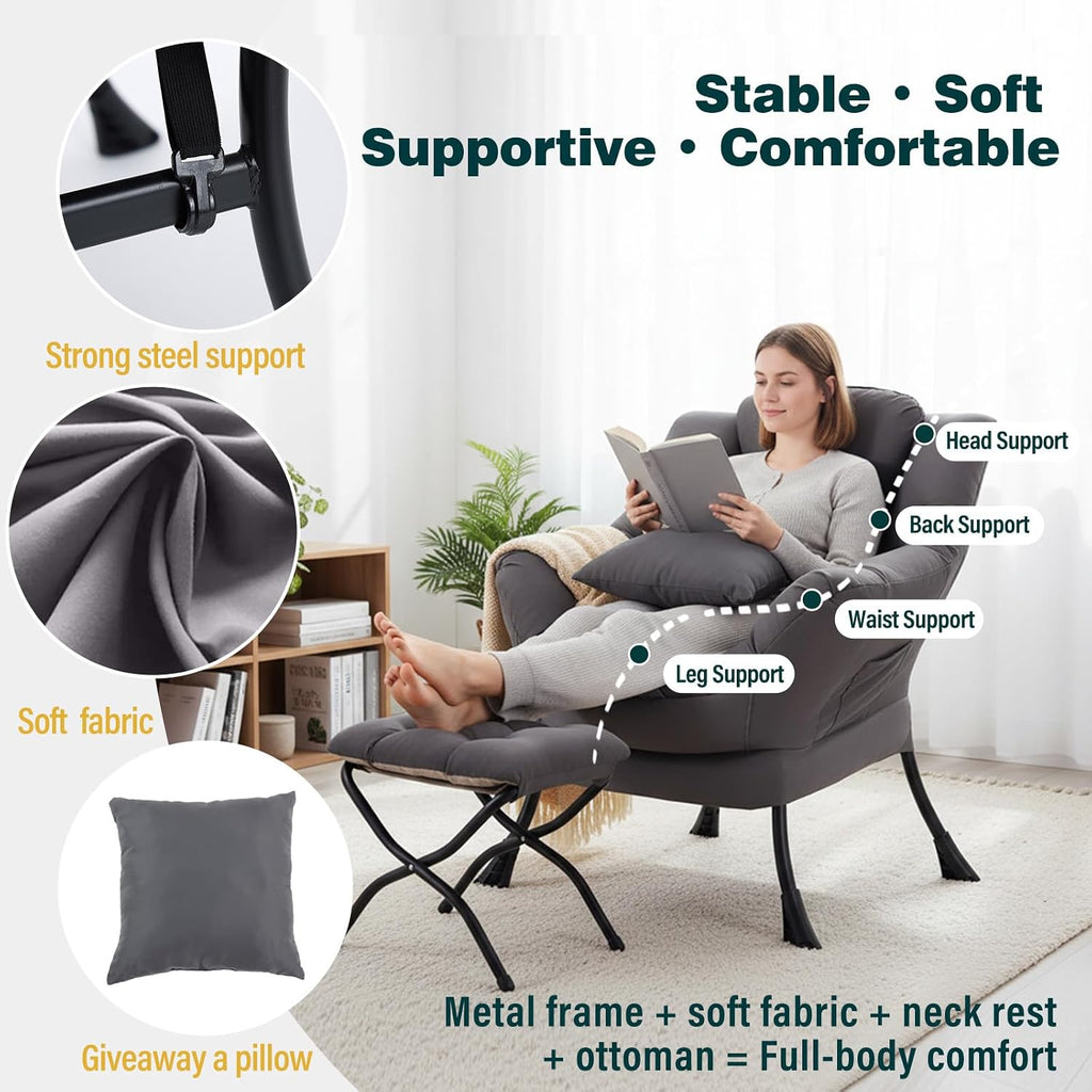 Lazy Chair with Ottoman, Large Accent Chair with Ottoman and a Throw Pillow, Dark Grey Reading Chair for Living Room Bedroom Dorm Room Office Apartment Relaxing Use