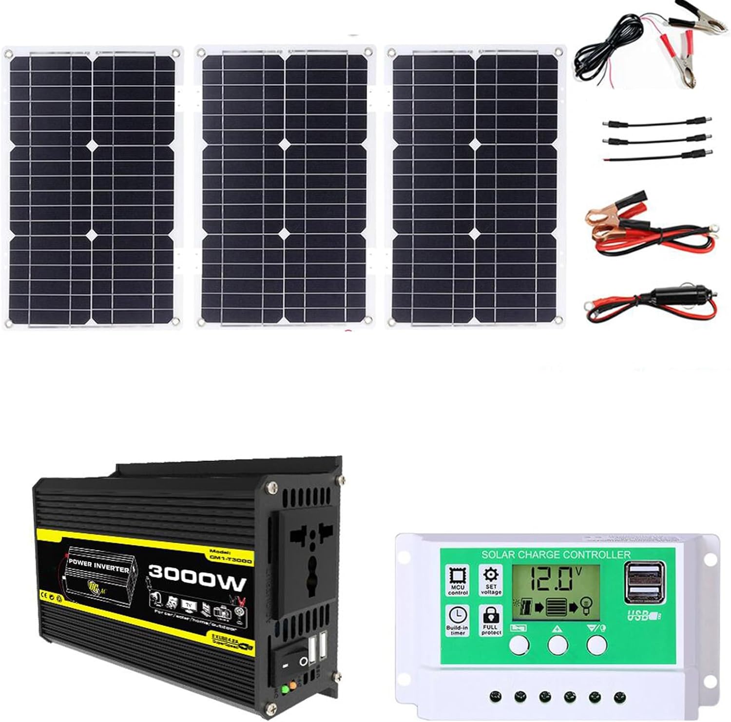 3000W Solar System Kit - 12V to 110V/220V Inverter, Complete Solar Generator with 75W Folding Panel & 50A Controller for Home/Grid Use, Efficient Photovoltaic Power Solution (Black)